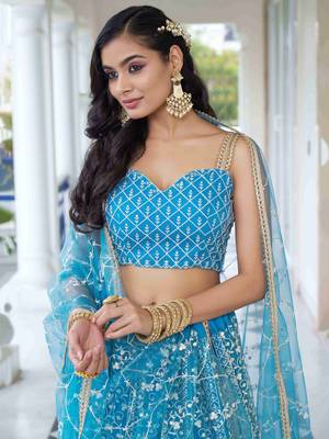 skyblue thread work net lehenga set choli with dupatta 6