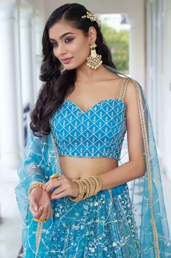 skyblue thread work net lehenga set choli with dupatta