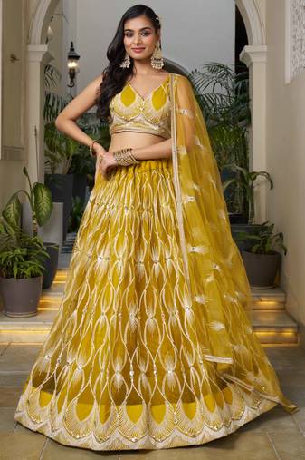 Charming Yellow Thread Work Net Wedding Wear Lehenga Choli