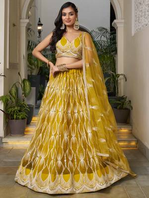 yellow thread work net lehenga set choli with dupatta 1