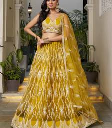 yellow thread work net lehenga set choli with dupatta