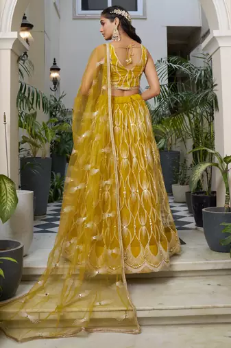 yellow thread work net lehenga set choli with dupatta