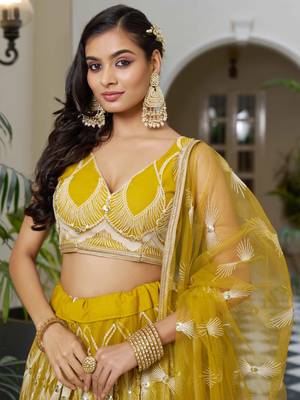 yellow thread work net lehenga set choli with dupatta 4