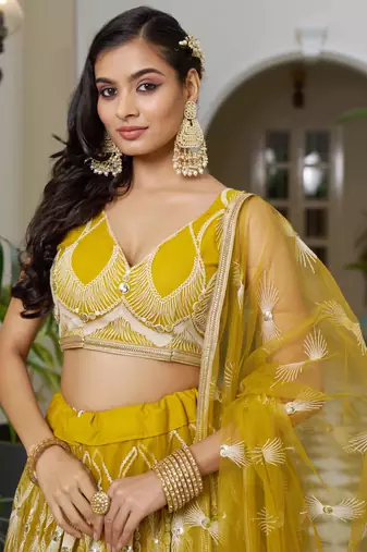 yellow thread work net lehenga set choli with dupatta