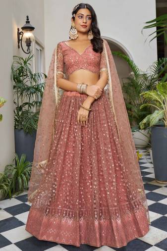 Bewitching Dusty Pink Thread Work Net Engagement Wear Lehenga Choli