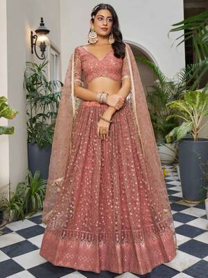 bewitching dusty pink thread work net lehenga set choli with dupatta 1