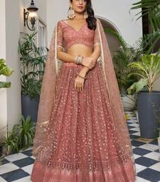 bewitching dusty pink thread work net lehenga set choli with dupatta