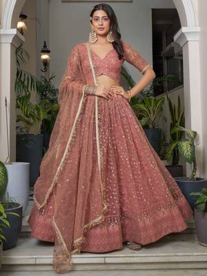 bewitching dusty pink thread work net lehenga set choli with dupatta 3