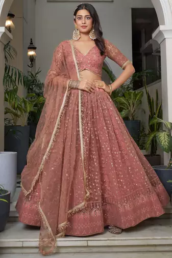 bewitching dusty pink thread work net lehenga set choli with dupatta