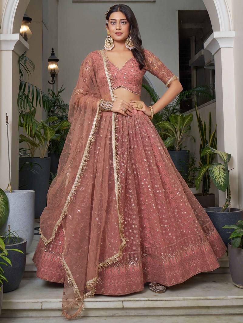 Bewitching Dusty Pink Thread Work Net Engagement Wear Lehenga Choli