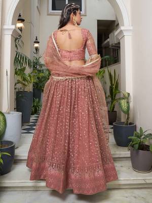 bewitching dusty pink thread work net lehenga set choli with dupatta 4