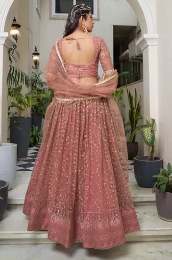 bewitching dusty pink thread work net lehenga set choli with dupatta