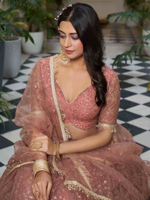 bewitching dusty pink thread work net lehenga set choli with dupatta 5
