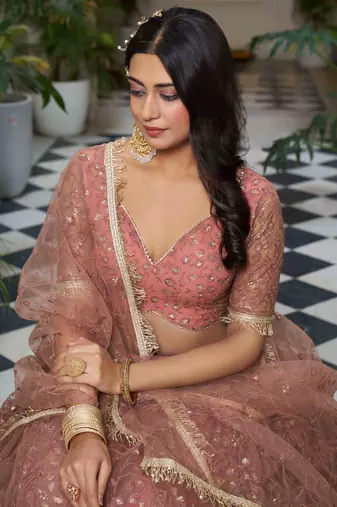 bewitching dusty pink thread work net lehenga set choli with dupatta