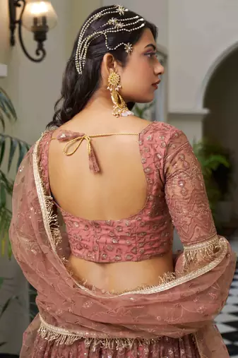 bewitching dusty pink thread work net lehenga set choli with dupatta