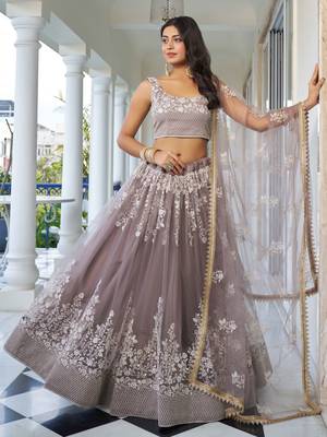  grey thread work net lehenga set choli with dupatta 1
