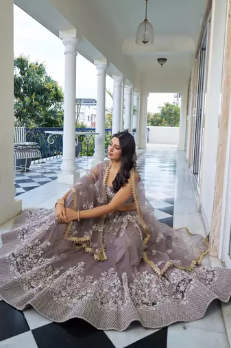  grey thread work net lehenga set choli with dupatta