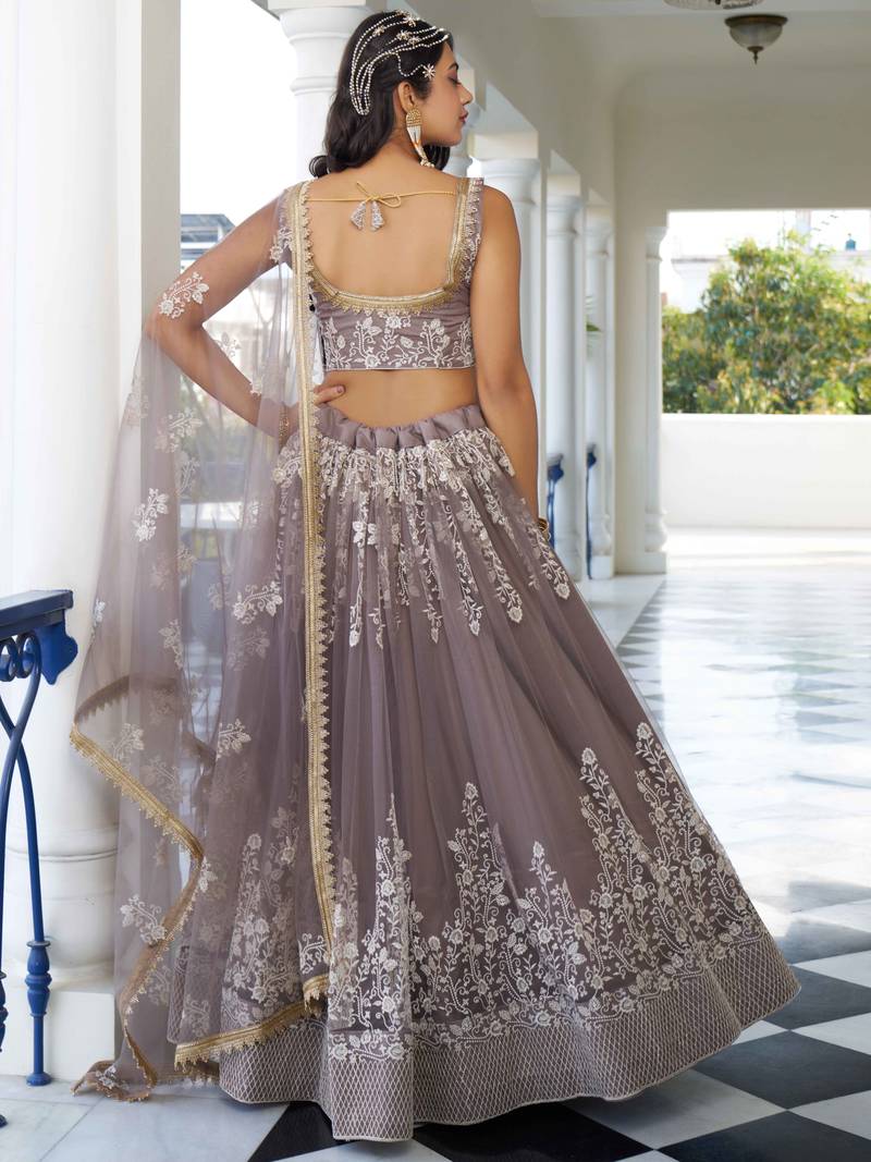 Mesmerizing Grey Thread Work Net Sangeet Wear Lehenga Choli