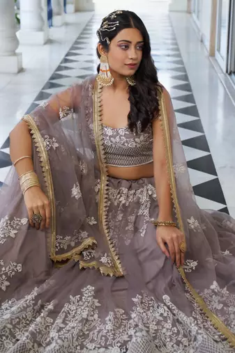  grey thread work net lehenga set choli with dupatta