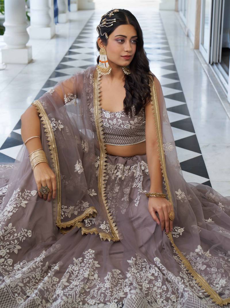 Mesmerizing Grey Thread Work Net Sangeet Wear Lehenga Choli