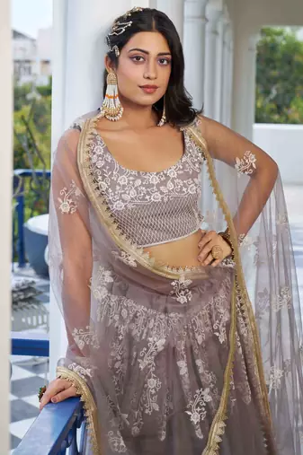  grey thread work net lehenga set choli with dupatta