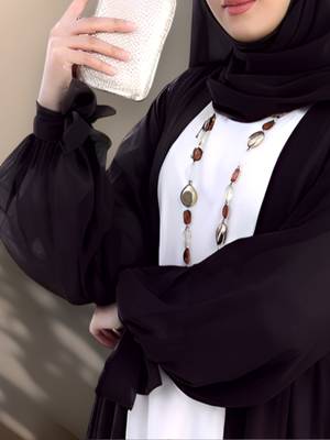 Three-Piece Abaya Set: White Inner Abaya, Multi-Tiered Georgette Shrug, and Matching Hijab 1