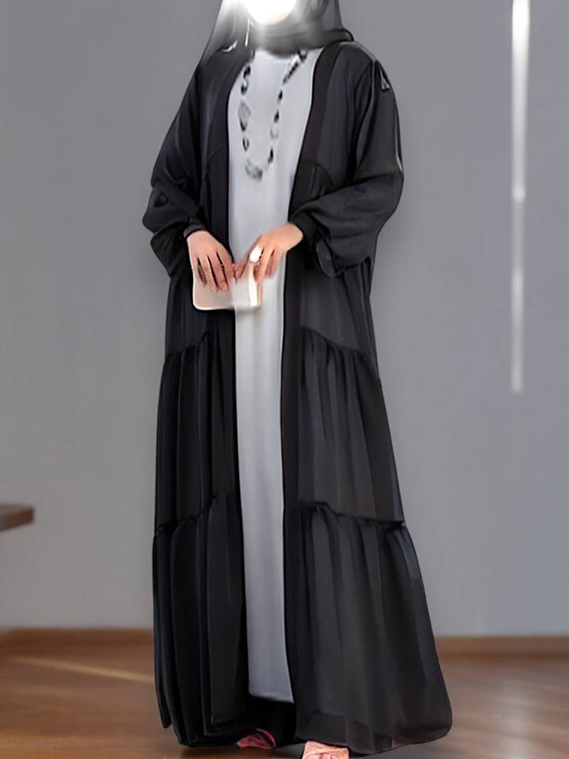 Three-Piece Abaya Set: White Inner Abaya, Multi-Tiered Georgette Shrug, and Matching Hijab