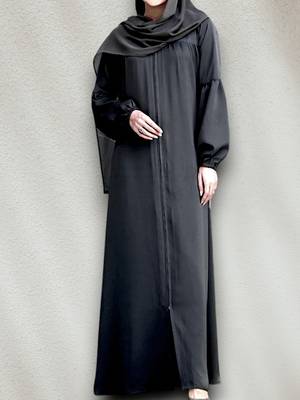 Front Open Abaya with Zipper Opening, Gathered Chest, and Elasticated Sleeves 1