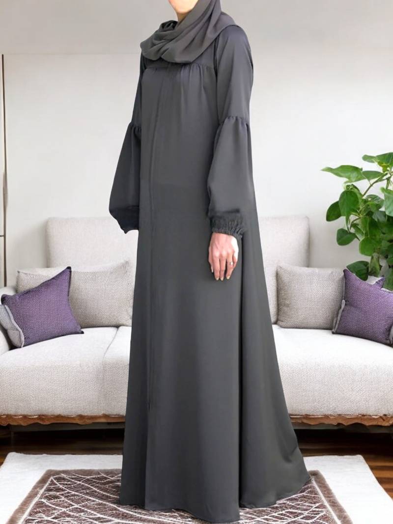 Front Open Abaya with Zipper Opening, Gathered Chest, and Elasticated Sleeves