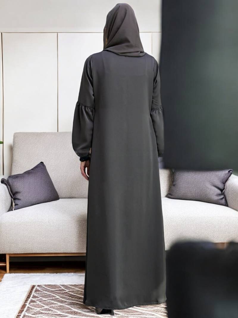 Front Open Abaya with Zipper Opening, Gathered Chest, and Elasticated Sleeves