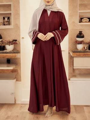Pretty Front Open Abaya in Firdaus Fabric with Pearl Lacework and Flared Sleeves 1
