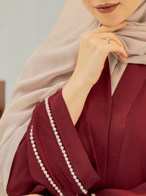Pretty Front Open Abaya in Firdaus Fabric with Pearl Lacework and Flared Sleeves 2