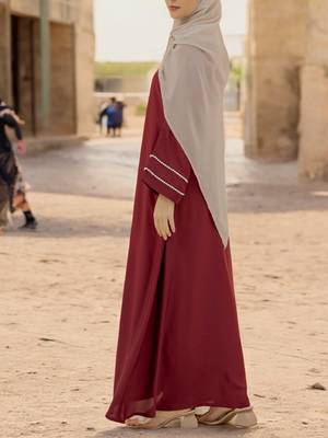 Pretty Front Open Abaya in Firdaus Fabric with Pearl Lacework and Flared Sleeves 3