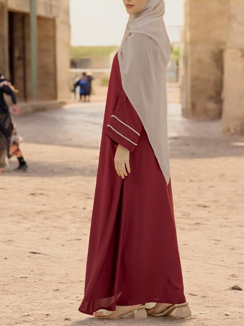 Pretty Front Open Abaya in Firdaus Fabric with Pearl Lacework and Flared Sleeves