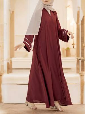 Pretty Front Open Abaya in Firdaus Fabric with Pearl Lacework and Flared Sleeves 4