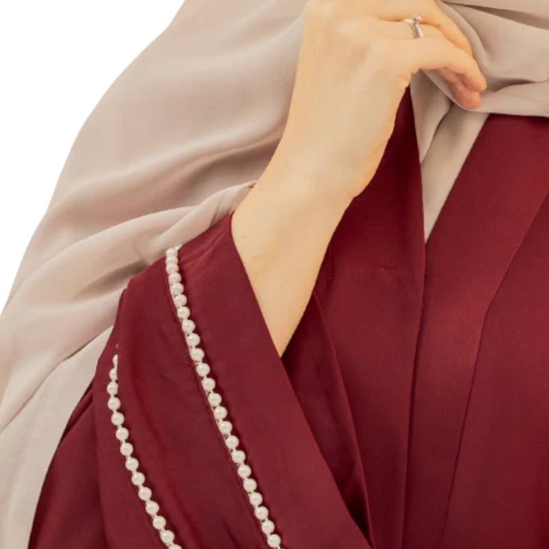 Pretty Front Open Abaya in Firdaus Fabric with Pearl Lacework and Flared Sleeves