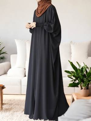 Front Open Kaftan Abaya in Firdaus Fabric with Full Zipper and Smocky Sleeves 1