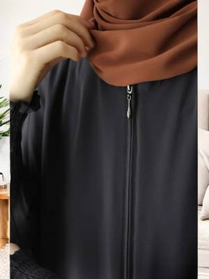 Front Open Kaftan Abaya in Firdaus Fabric with Full Zipper and Smocky Sleeves 2