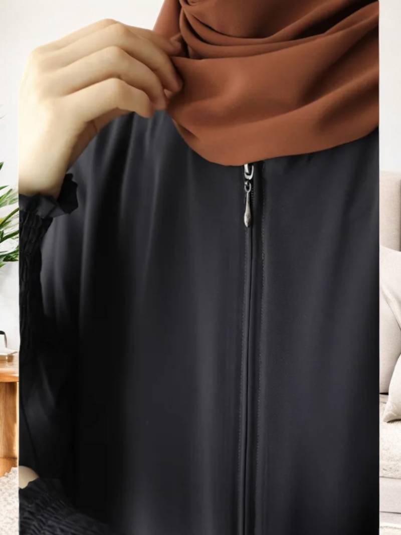 Front Open Kaftan Abaya in Firdaus Fabric with Full Zipper and Smocky Sleeves