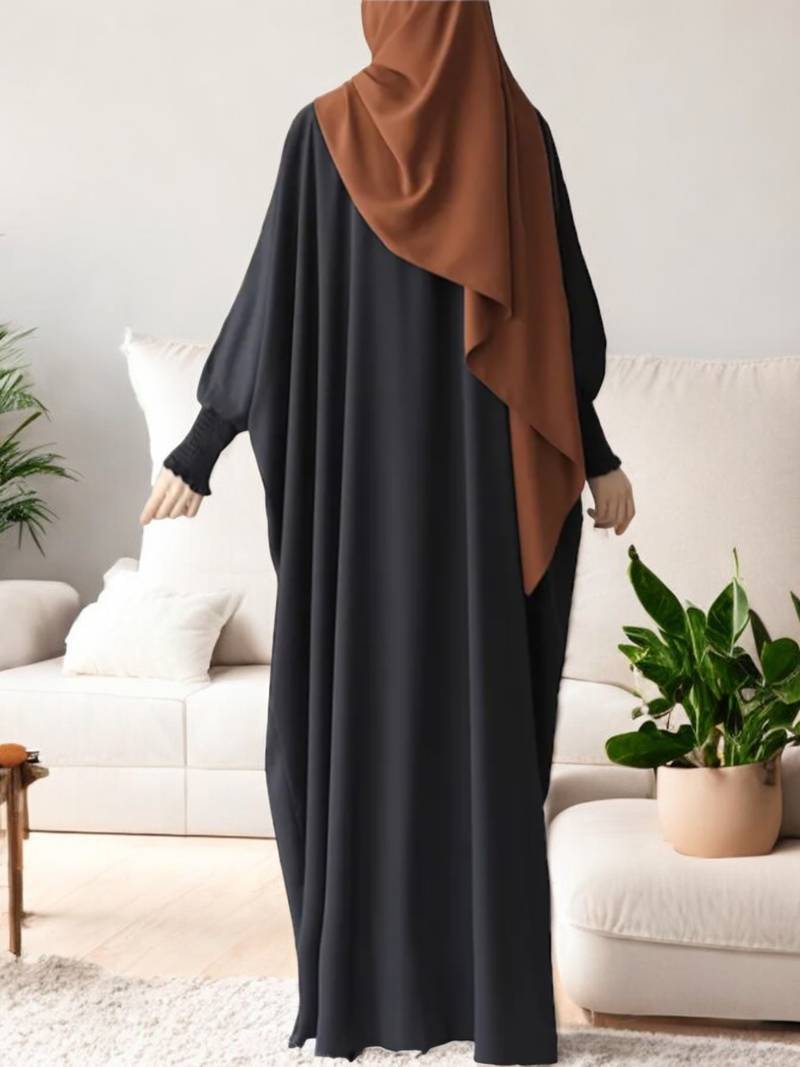 Front Open Kaftan Abaya in Firdaus Fabric with Full Zipper and Smocky Sleeves