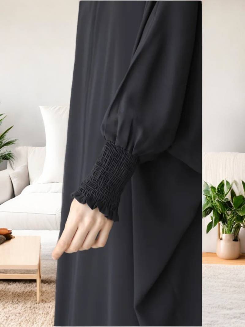 Front Open Kaftan Abaya in Firdaus Fabric with Full Zipper and Smocky Sleeves