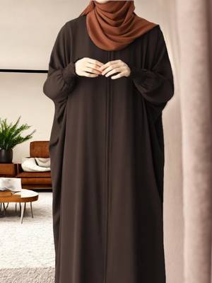 Front Open Kaftan Abaya in Firdaus Fabric with Full Zipper and Smocky Sleeves 1