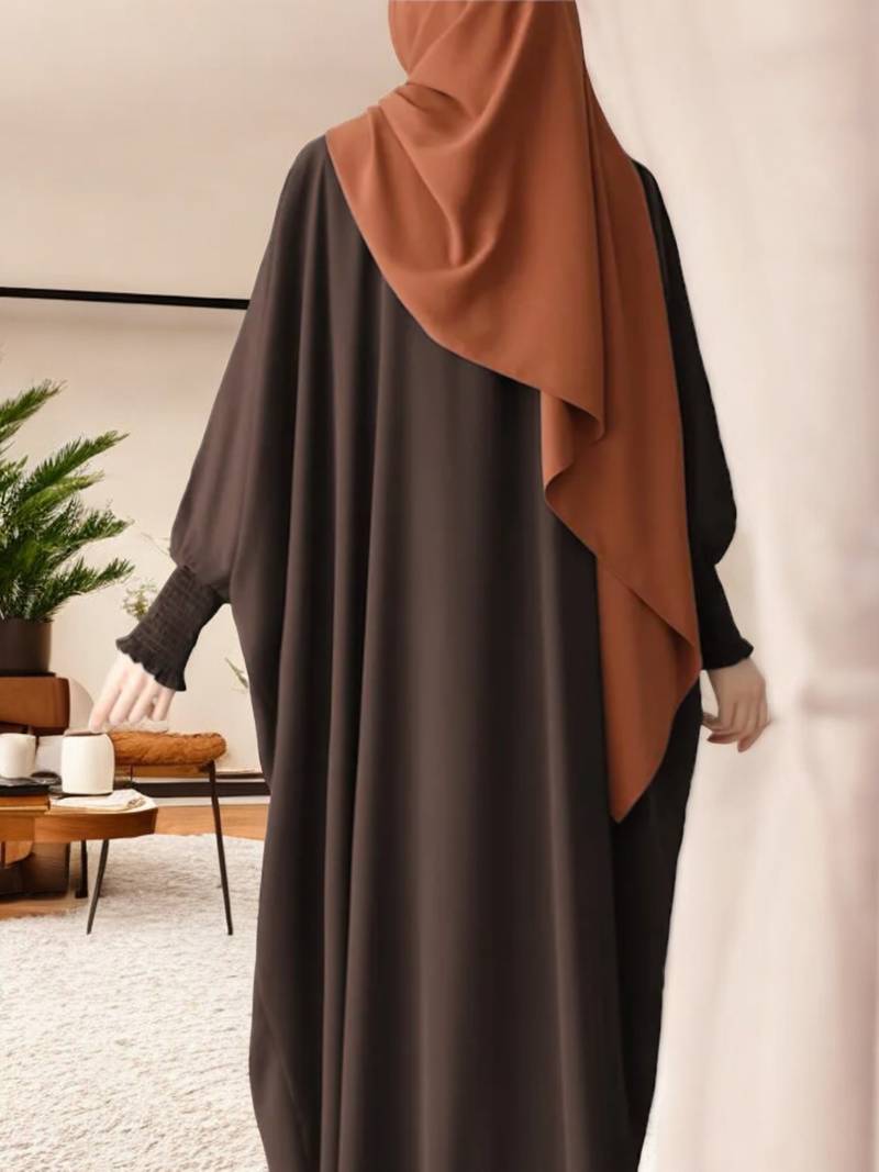Front Open Kaftan Abaya in Firdaus Fabric with Full Zipper and Smocky Sleeves