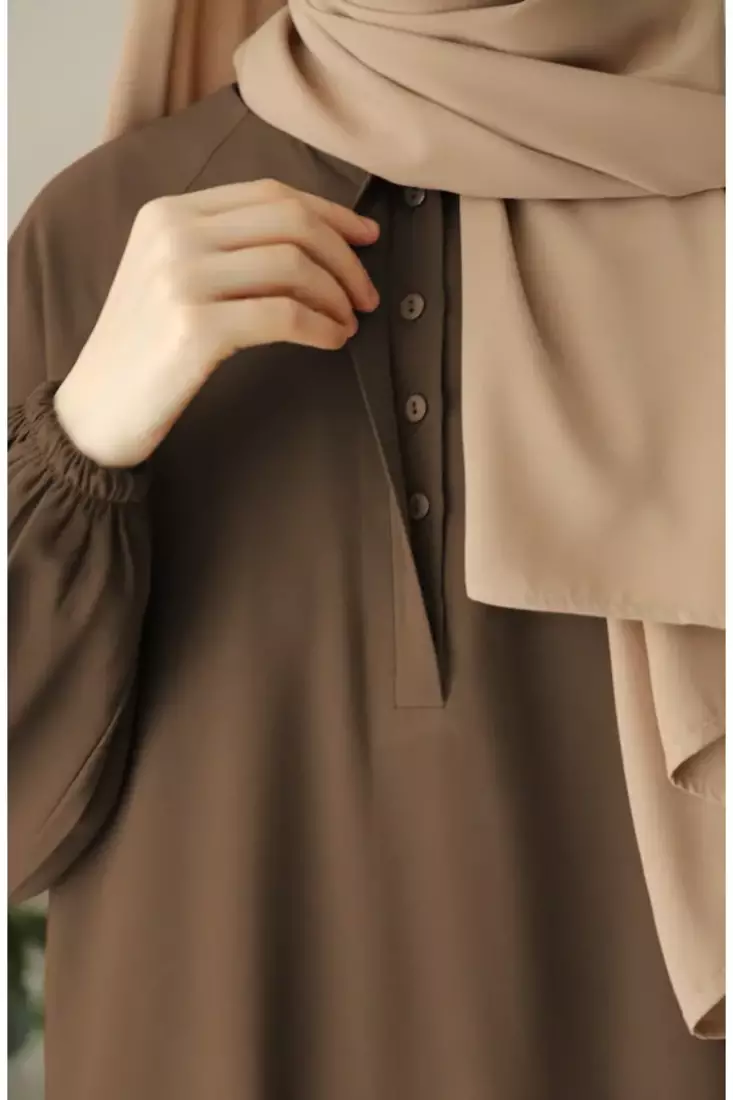 Flared A-Line Abaya with Elasticated Sleeves and Button Yoke