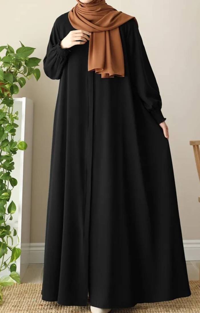 Front Open Abaya with Zipper Opening Umbrella Flare and Matching Belt