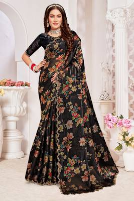 Black Digital Floral Printed Organza Silk Saree With Matching Blouse Piece 1