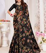 Black Digital Floral Printed Organza Silk Saree With Matching Blouse Piece