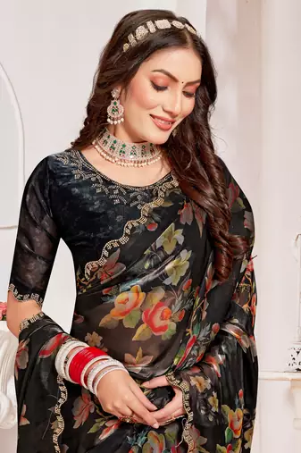 Black Digital Floral Printed Organza Silk Saree With Matching Blouse Piece