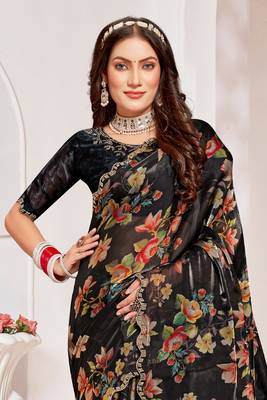 Black Digital Floral Printed Organza Silk Saree With Matching Blouse Piece 3