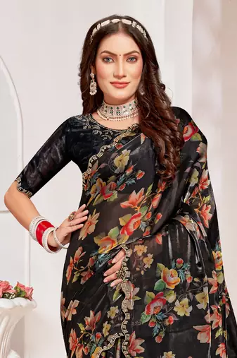Black Digital Floral Printed Organza Silk Saree With Matching Blouse Piece